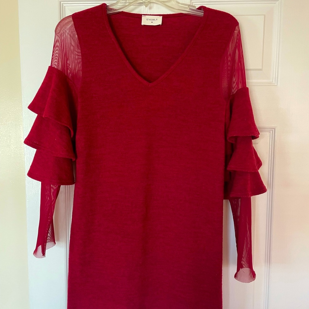 Adorable winter sheath dress with sheer & ruffle sleeves.